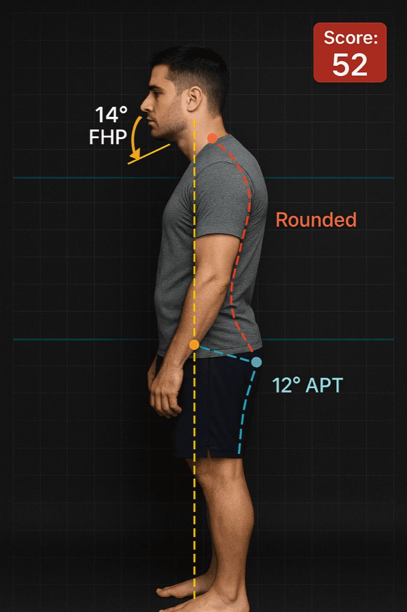 Male posture before correction, forward head, rounded shoulders, posture check overlay