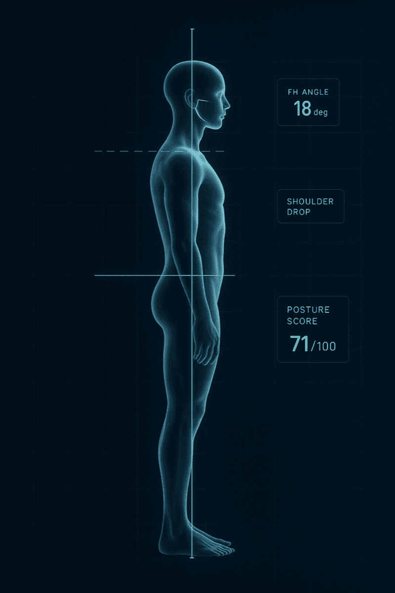 AI posture analysis scan showing forward head angle, shoulder alignment measurements