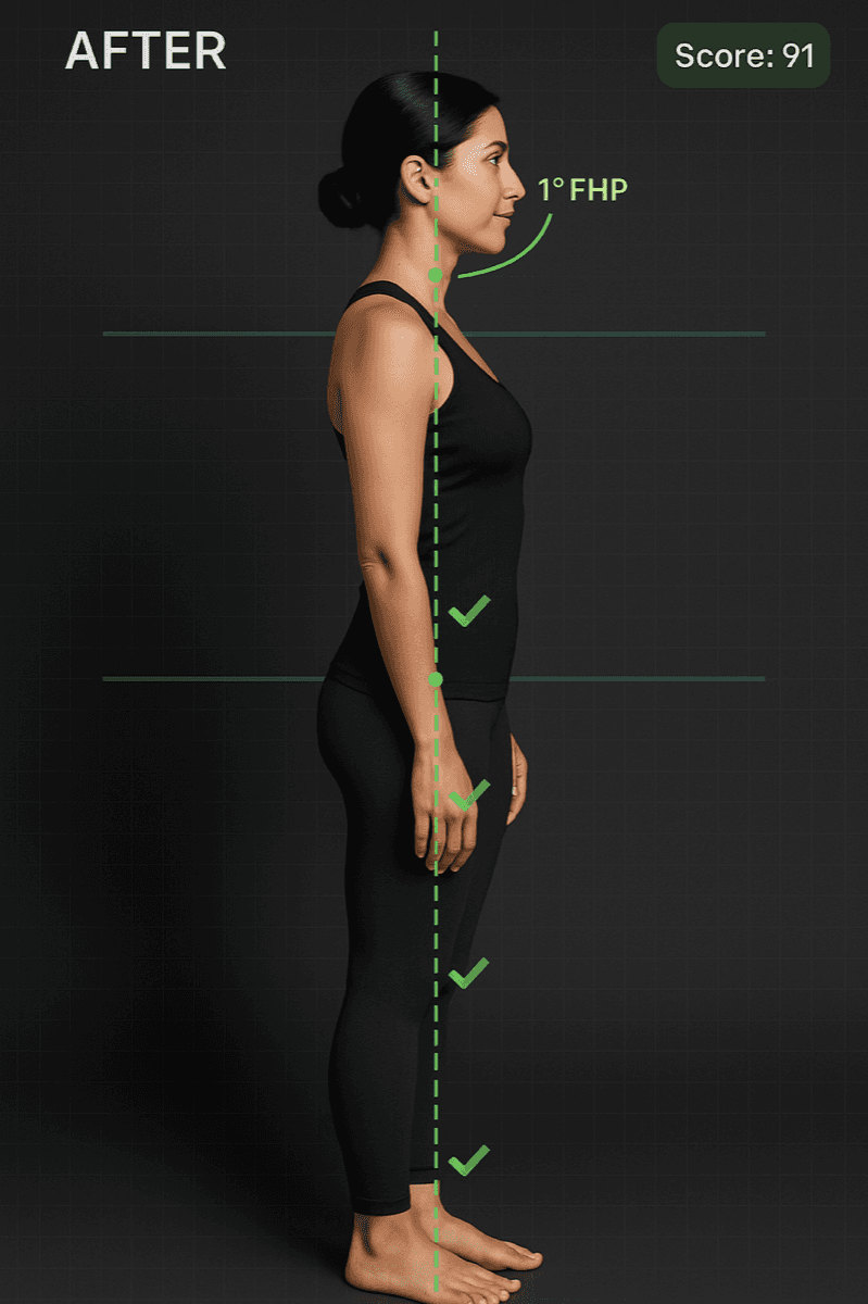 Female posture after correction, perfect alignment, posture check overlay