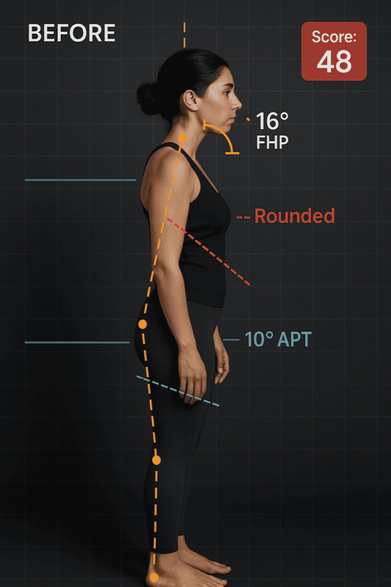 Female posture before correction, forward head, rounded shoulders, posture check overlay